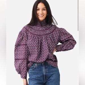 Hunter Bell Veronica Top Purple Paisley Smocked High Neck Blouse L